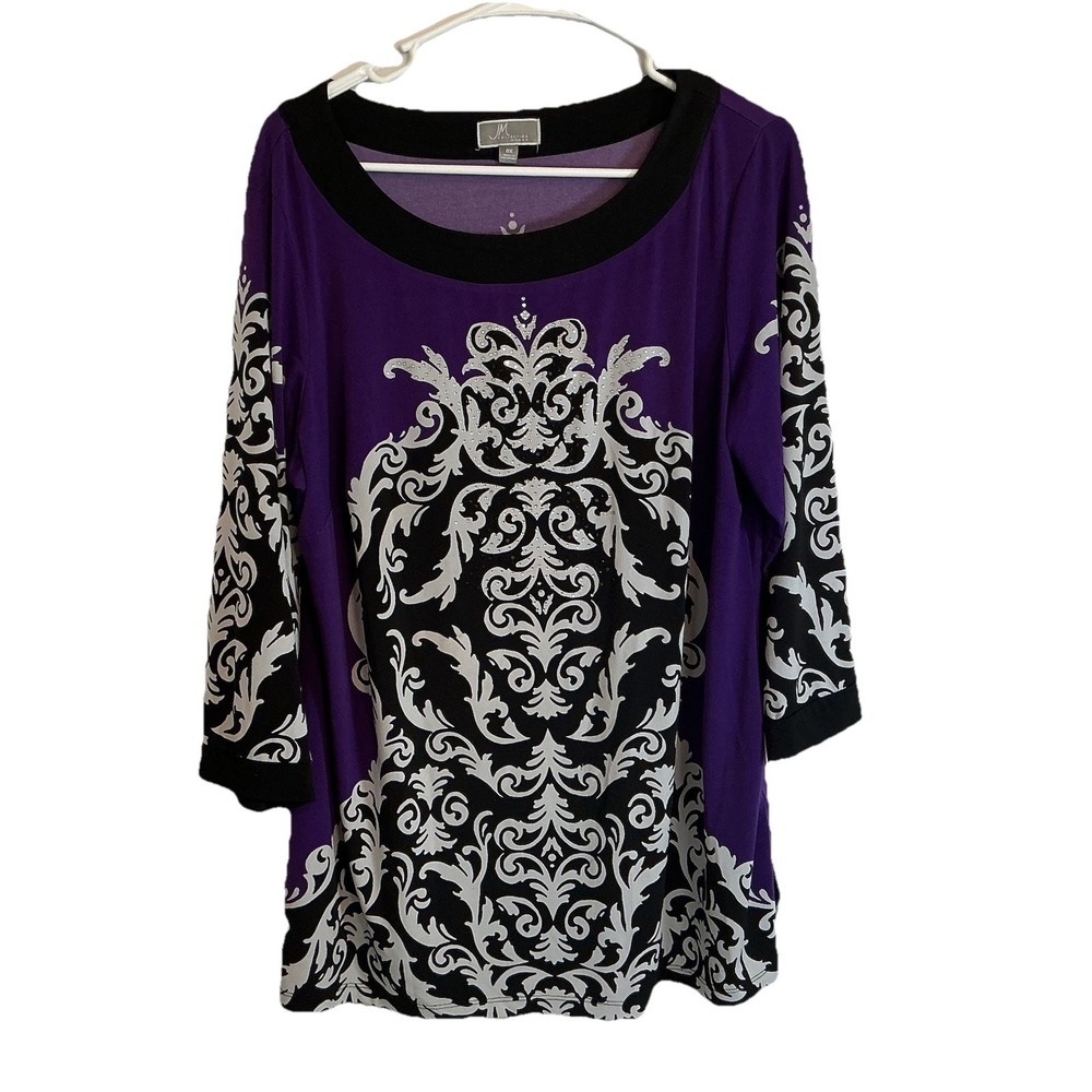 JM Collection Womens Tunic Top - Size 0X‎ - Stretch Studded Purple Black White